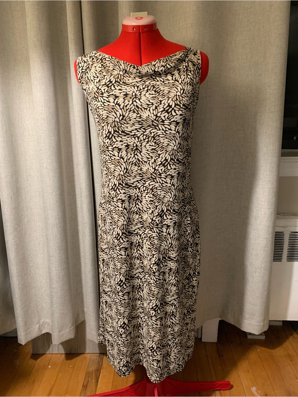BCBG Black and Cream Leaf-Print Midi Dress